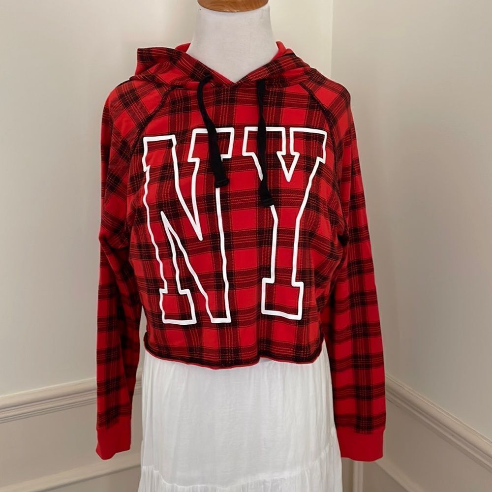 Red and black plaid, pajamas hooded cropped top Small with matching pants medium